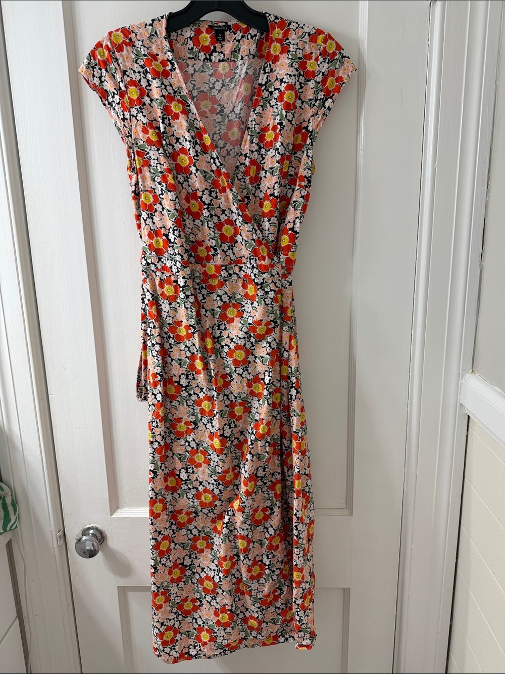 J. Crew Pink Floral Wrap Maxi Dress with Red & Yellow Accents